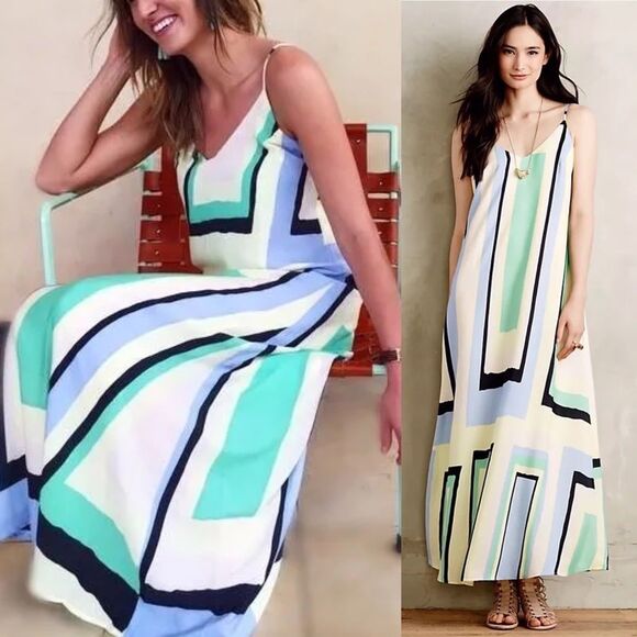 Anthropologie Maeve Yellow Green Geometric Maxi Dress Women's Size XS P Low Back - Picture 2 of 11